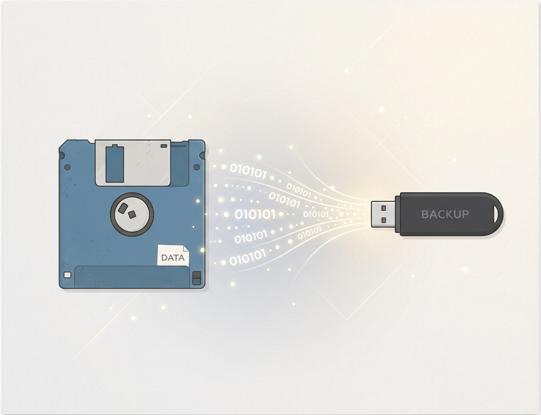 Infogr&aacute;fico mostrando a transi&ccedil;&atilde;o de dados de um disquete antigo de 3 e meia polegadas para um pen drive moderno