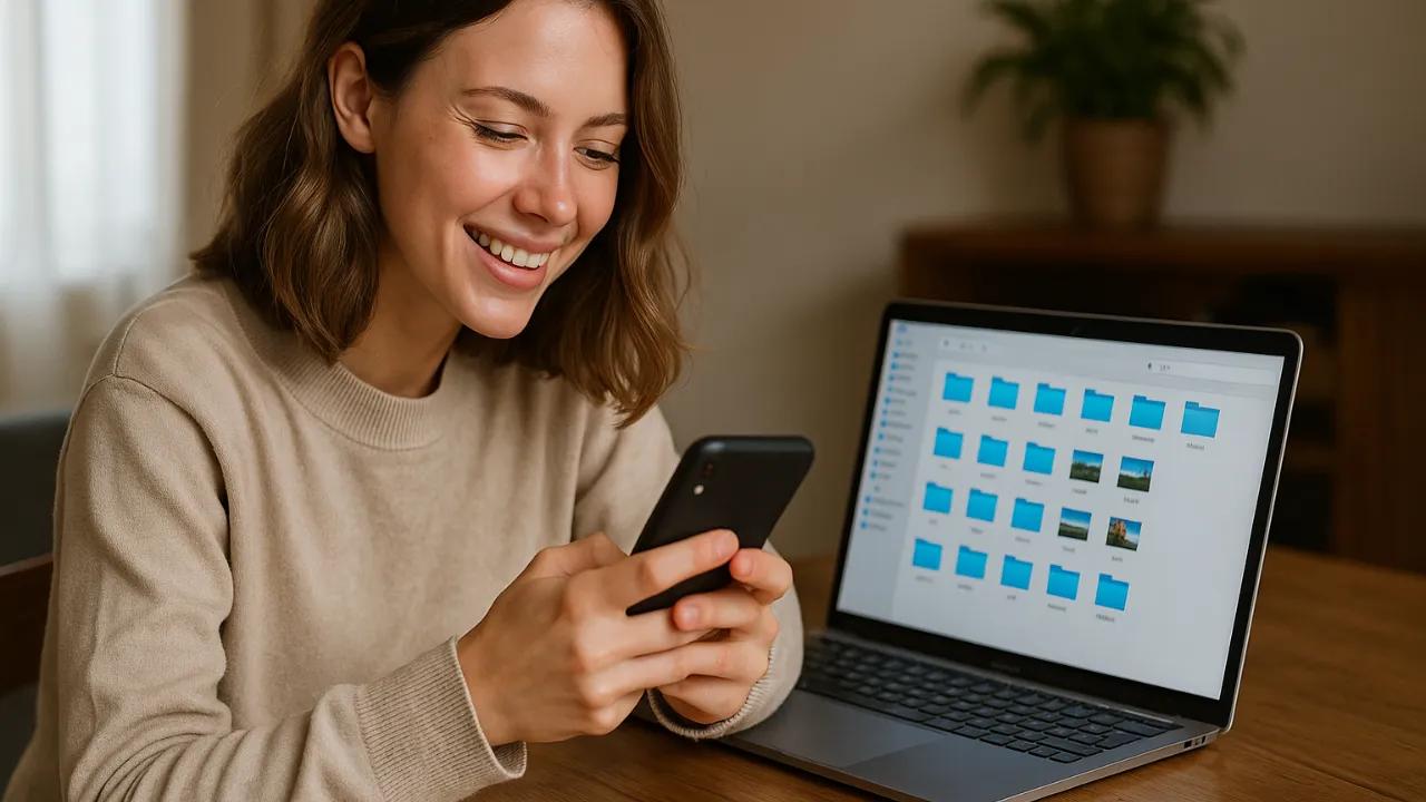Imagem de mulher feliz vendo documentos no smartphone ao lado de um laptop.