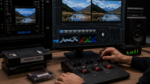 Estação profissional de digitalização de fitas antigas com monitores de vídeo, correção de cor e controle técnico.